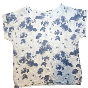 Bellambia Linen Top EUC White and Blue Floral Leaf Size Large Made in Italy
